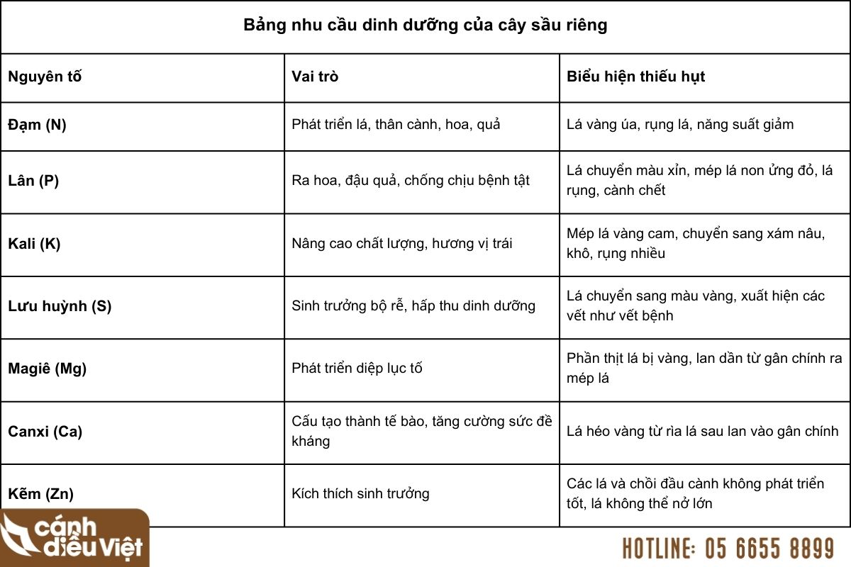 nhu cầu dinh dưỡng của cây sầu riêng